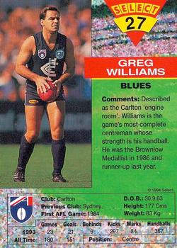 1994 Select AFL #27 Greg Williams Back